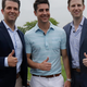 Donald Trump Jr., left, and Eric Trump, right, pose for a photograph with Jesse Watters prior to the start of a news conference previewing the U.S. Women’s Open Championship at Trump National Golf Club, Wednesday, May 24, 2017, in Bedminster, N.J